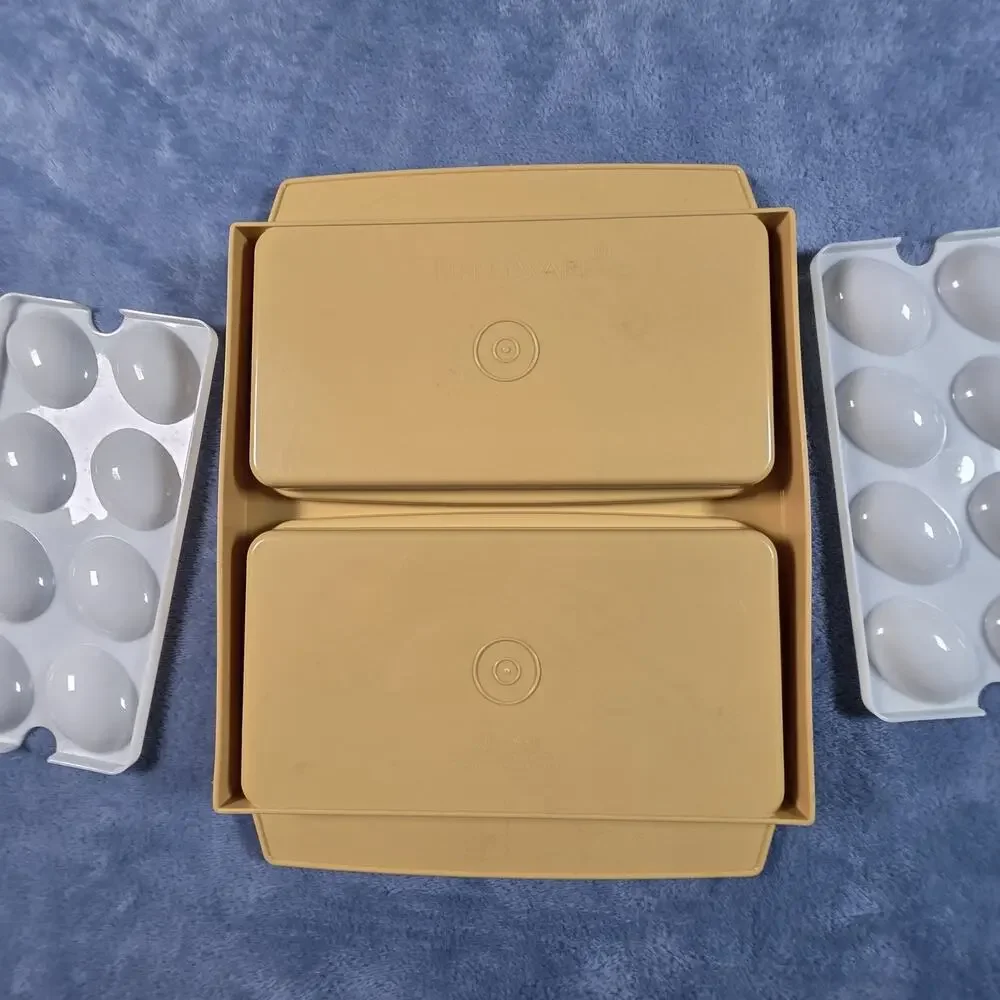 Vintage Tupperware Deviled Egg Carrier Harvest Gold 723-3 Complete 4 Piece Set